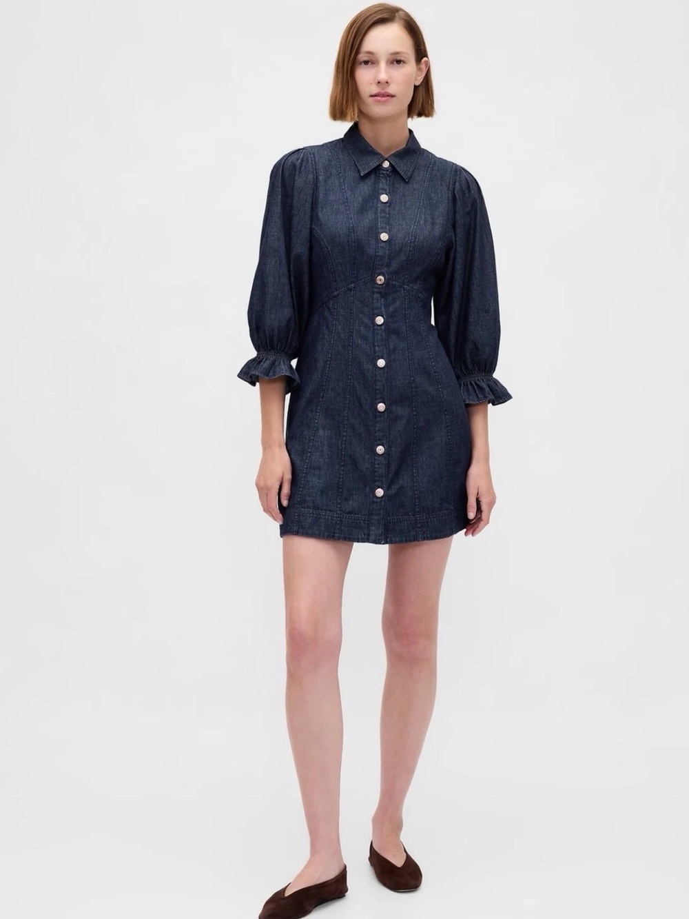 Gap Denim Puff-Sleeve Seamed Mini Dress Dark Wash Feminine Western Office Casual